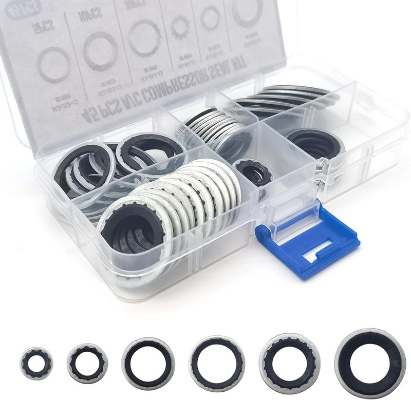 DYEKNEE 45 PCS Air Conditioner Compressor Port Seal Gasket Kit, Gasket Bonded Seal Assortment, Cooling Pump Sealing Gasket, Universal Automotive Self-Centered Washers (Black) - Image 1